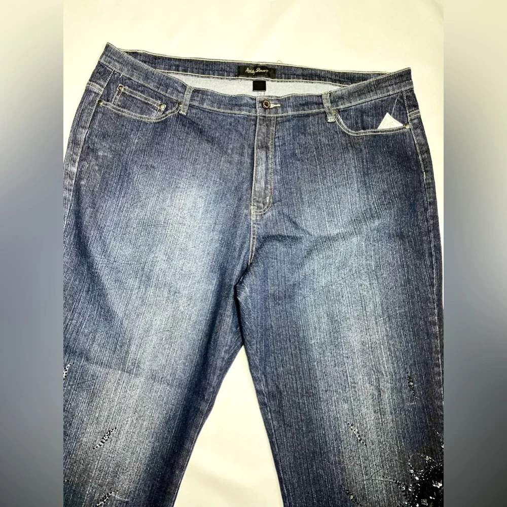 Embellished deep blue denim jeans Sequin Black Lace Embroidered Capri - Picture 6 of 13
